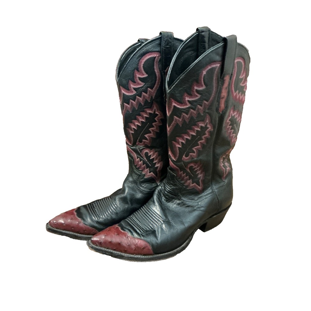VTG Sterling Cowboy Boots Mens Size 9.5 D Heritage Black Maroon Flame Rare USA